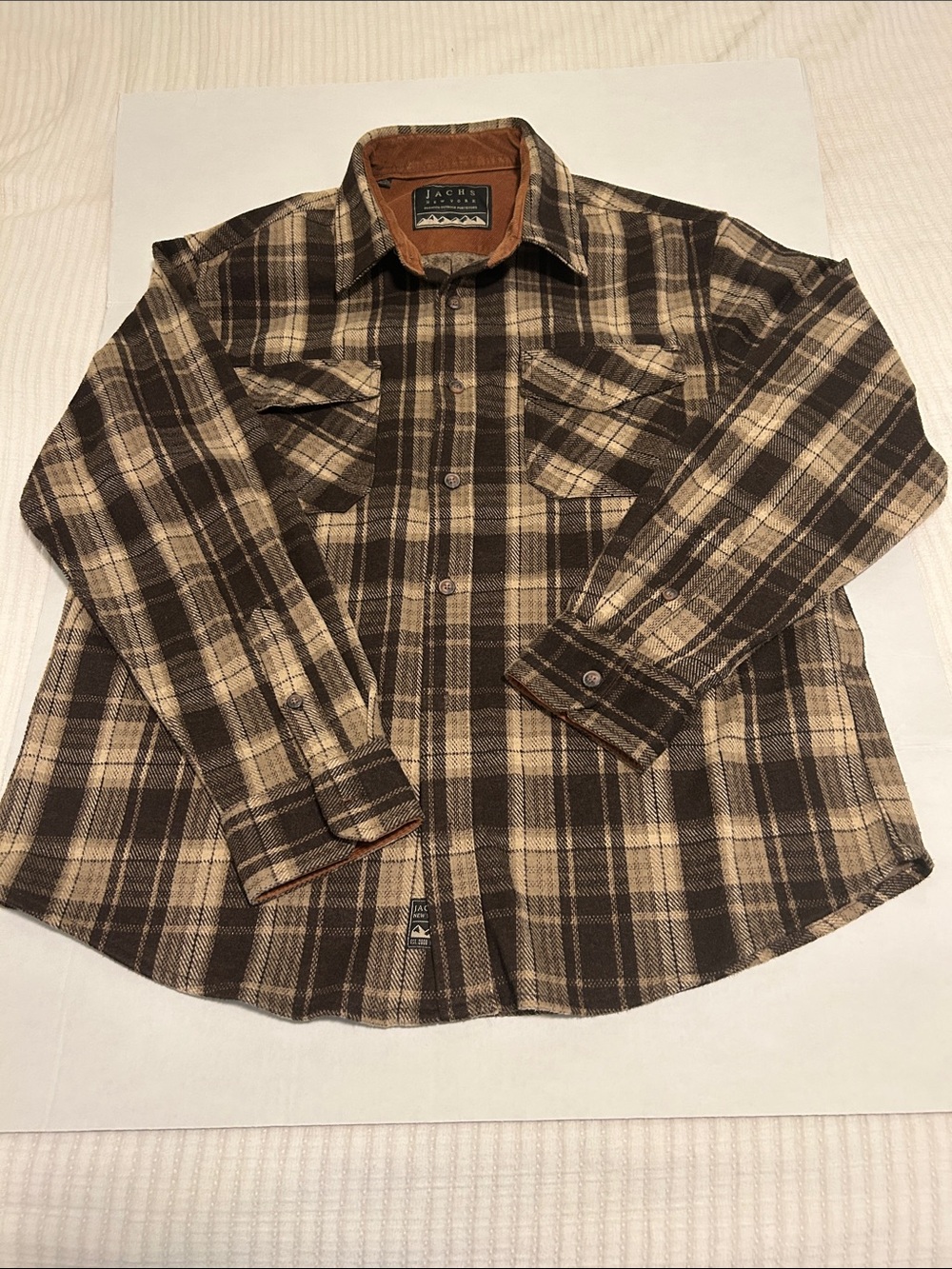 Jachs XL Men’s Brown and Cream Plaid Long-Sleeve Shirt
